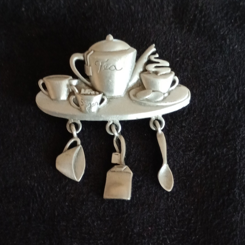 Vintage JJ Jonette Pewter Tea Brooch with Dangling Charms
